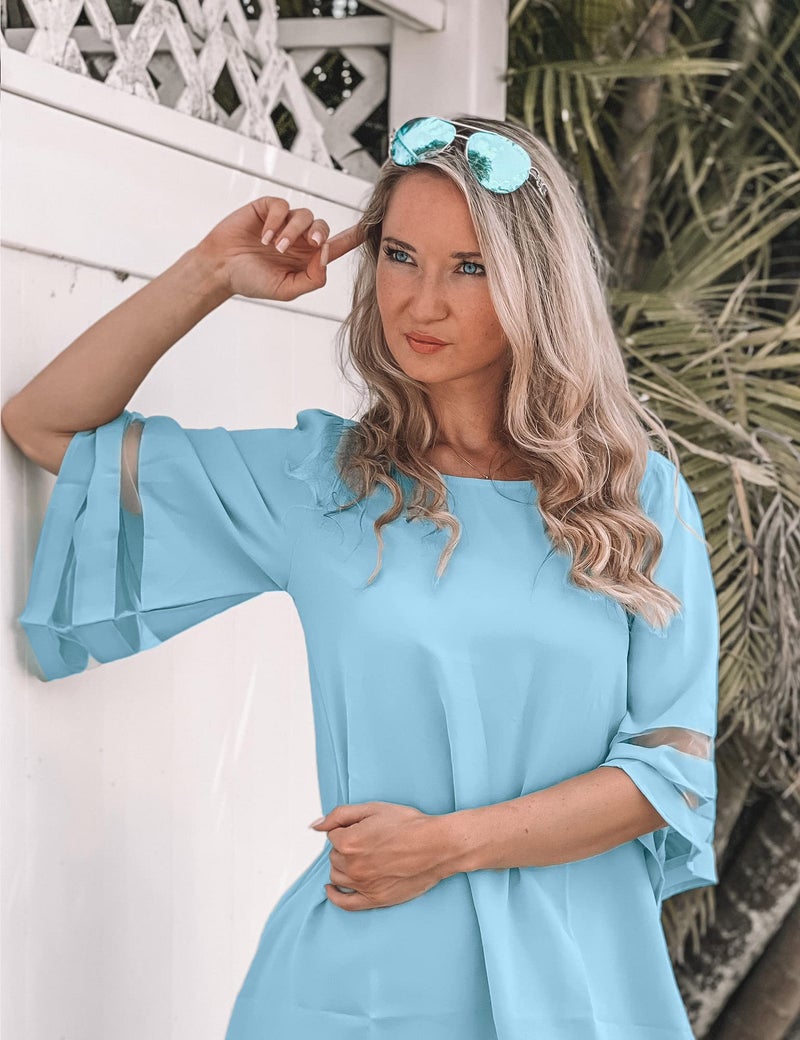 LookbookStore Women's Summer Tunic Dress - Crewneck 3/4 Sleeve, Bell Sleeve, Air Blue Light Blue Wedding Guest Dress Size M/8-10 - Image 5